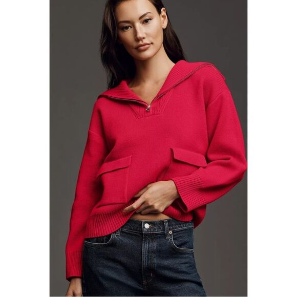 Anthropologie Red Crop Half-Zip Pullover Sweater Pockets Size XS Valentine's Day - Picture 1 of 16